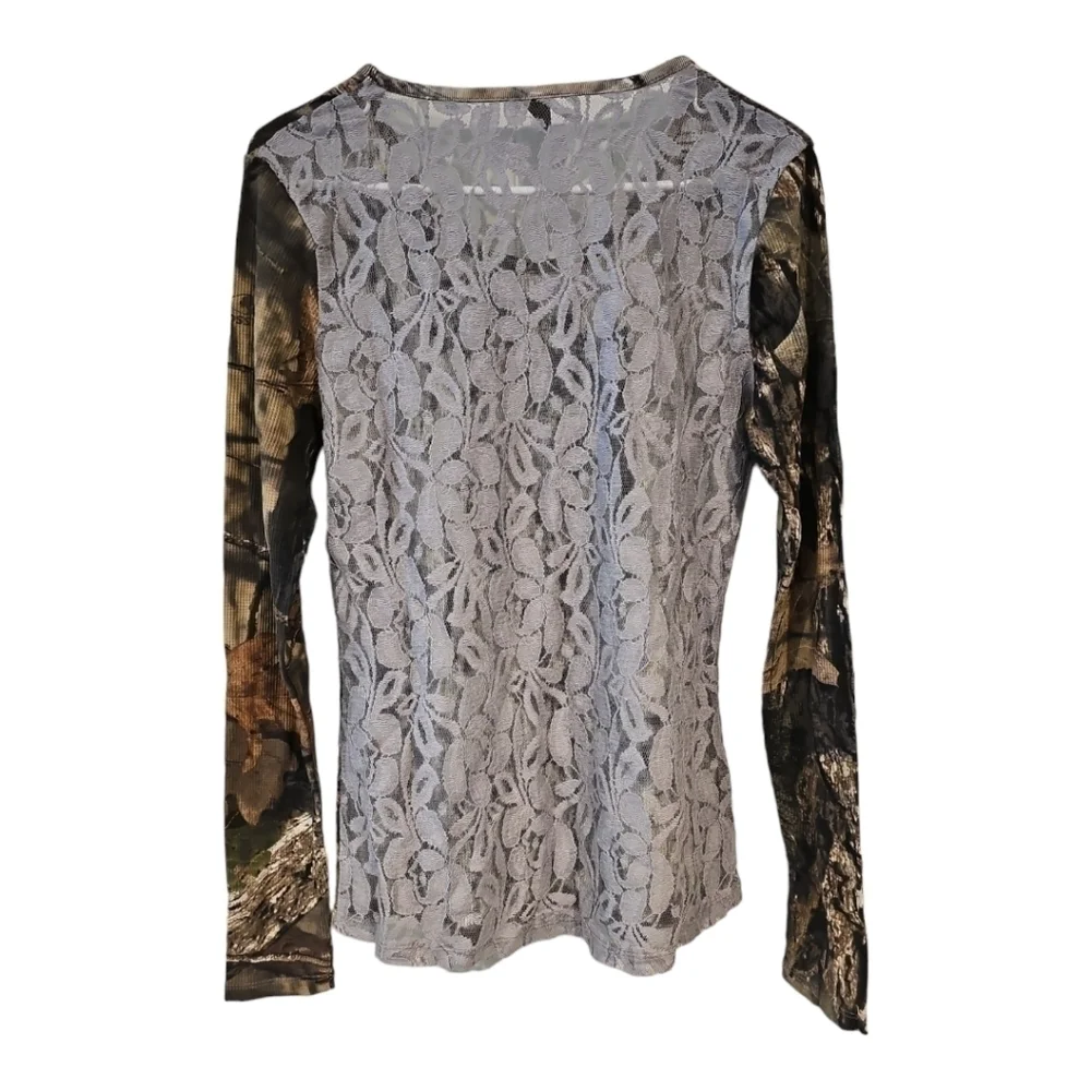 GIRLS WITH GUNS camo print lace top mossy oak country tee top shirt sz S… - Picture 4 of 14